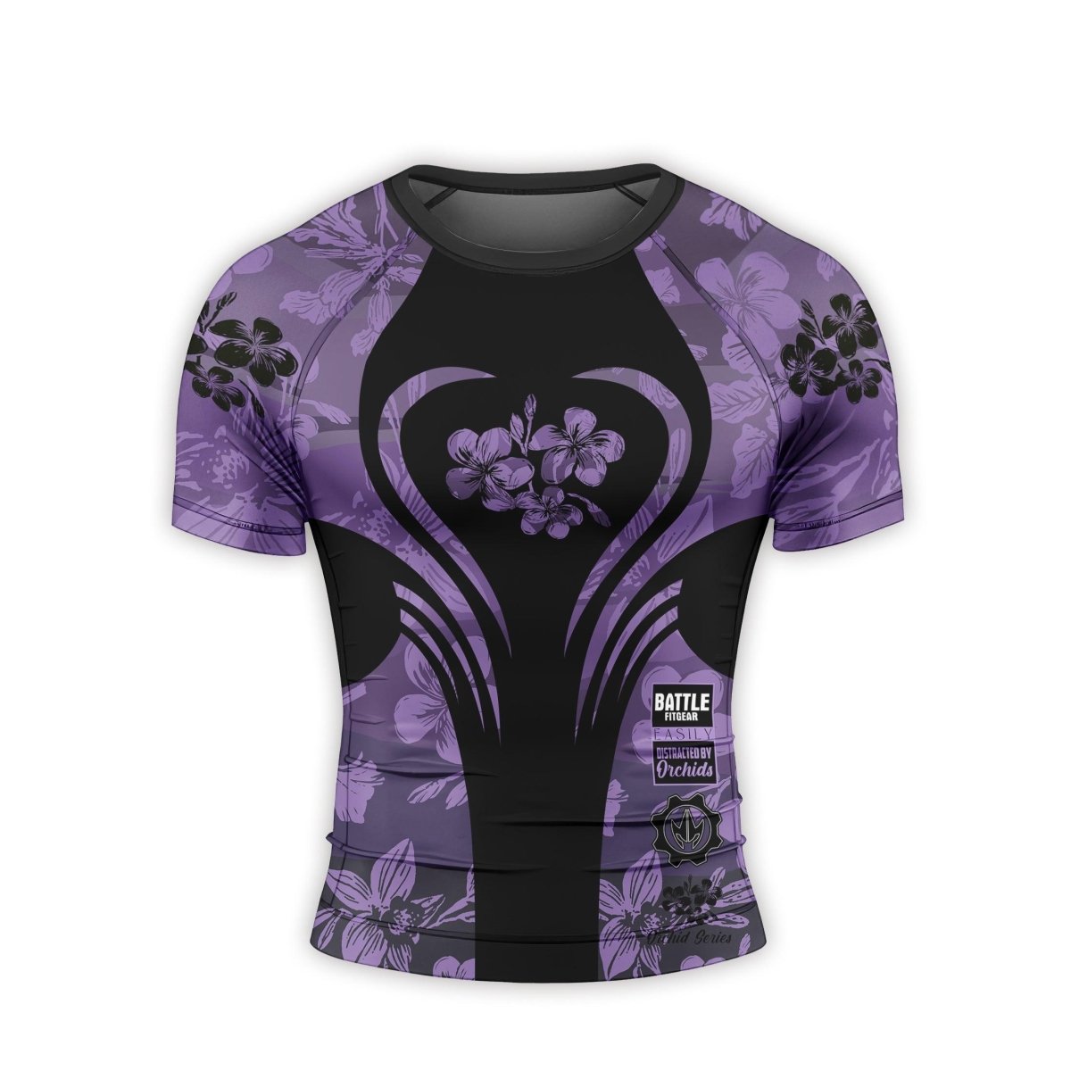 Orchid Series Floral Violet Heart Pattern Men's Short Sleeve Rash Guard - BattleFitGear