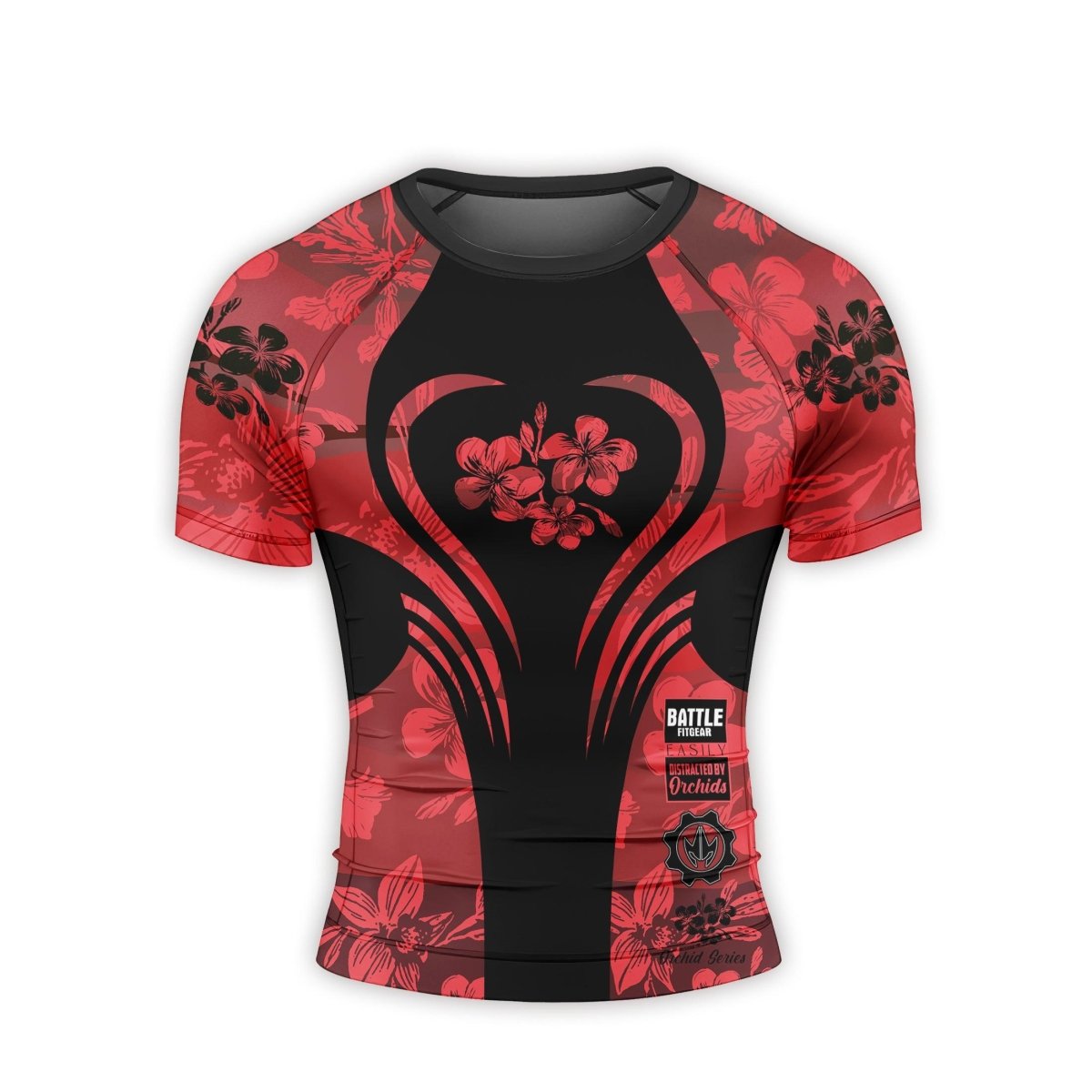 Orchid Series Floral Red Heart Pattern Men's Short Sleeve Rash Guard - BattleFitGear