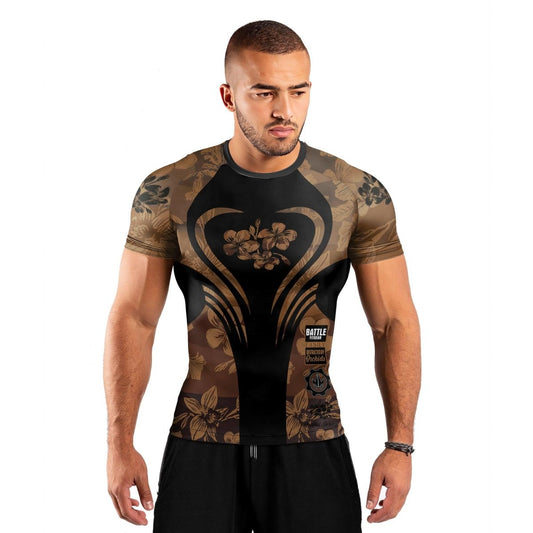 Orchid Series Floral Brown Heart Pattern Men's Short Sleeve Rash Guard - BattleFitGear