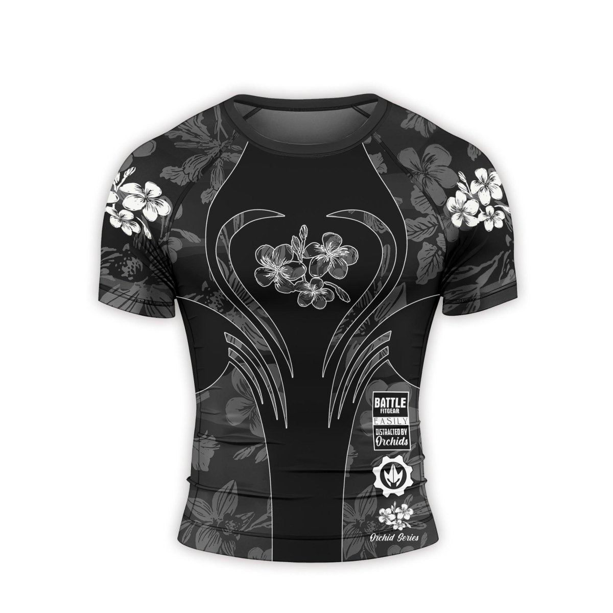 Orchid Series Floral Black Heart Pattern Men's Short Sleeve Rash Guard - BattleFitGear