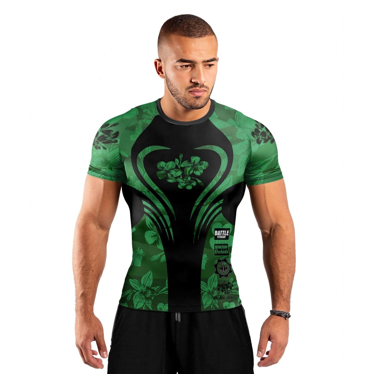 Orchid Series Floral Green Heart Pattern Men's Short Sleeve Rash Guard - BattleFitGear