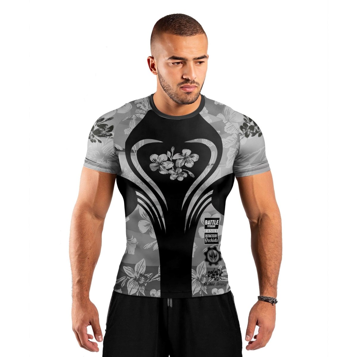 Orchid Series Floral Grey Heart Pattern Men's Short Sleeve Rash Guard - BattleFitGear