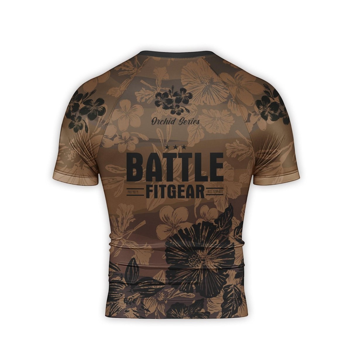 Orchid Series Floral Brown Heart Pattern Men's Short Sleeve Rash Guard - BattleFitGear