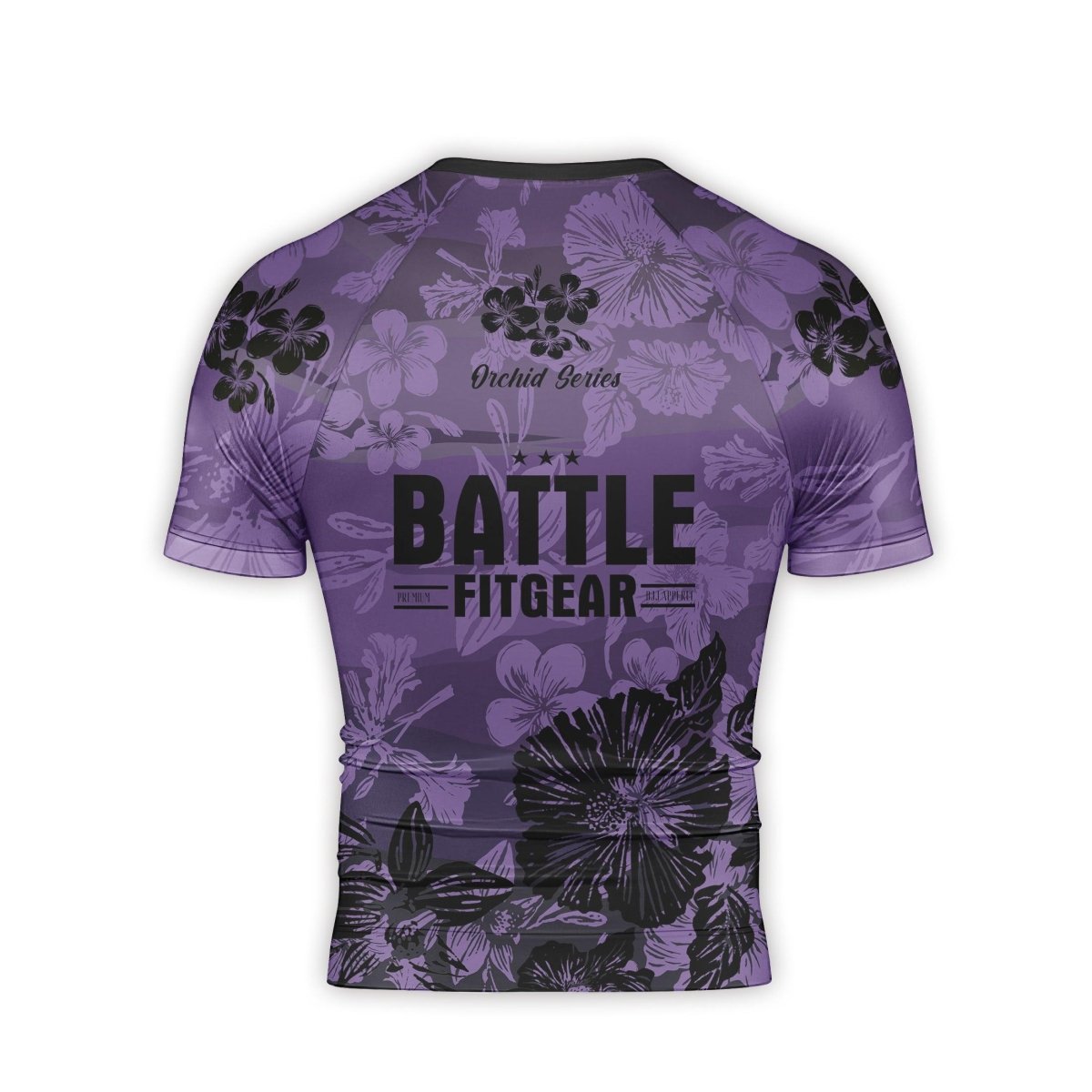 Orchid Series Floral Violet Heart Pattern Men's Short Sleeve Rash Guard - BattleFitGear