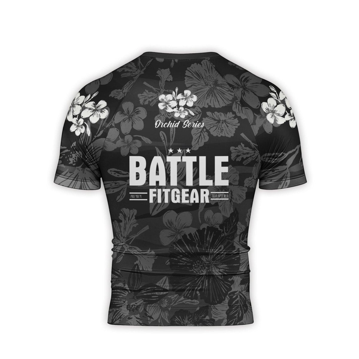 Orchid Series Floral Black Heart Pattern Men's Short Sleeve Rash Guard - BattleFitGear