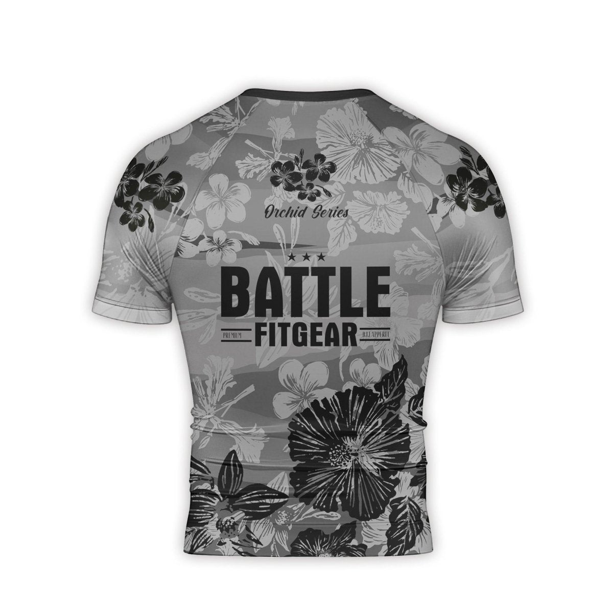 Orchid Series Floral Grey Heart Pattern Men's Short Sleeve Rash Guard - BattleFitGear