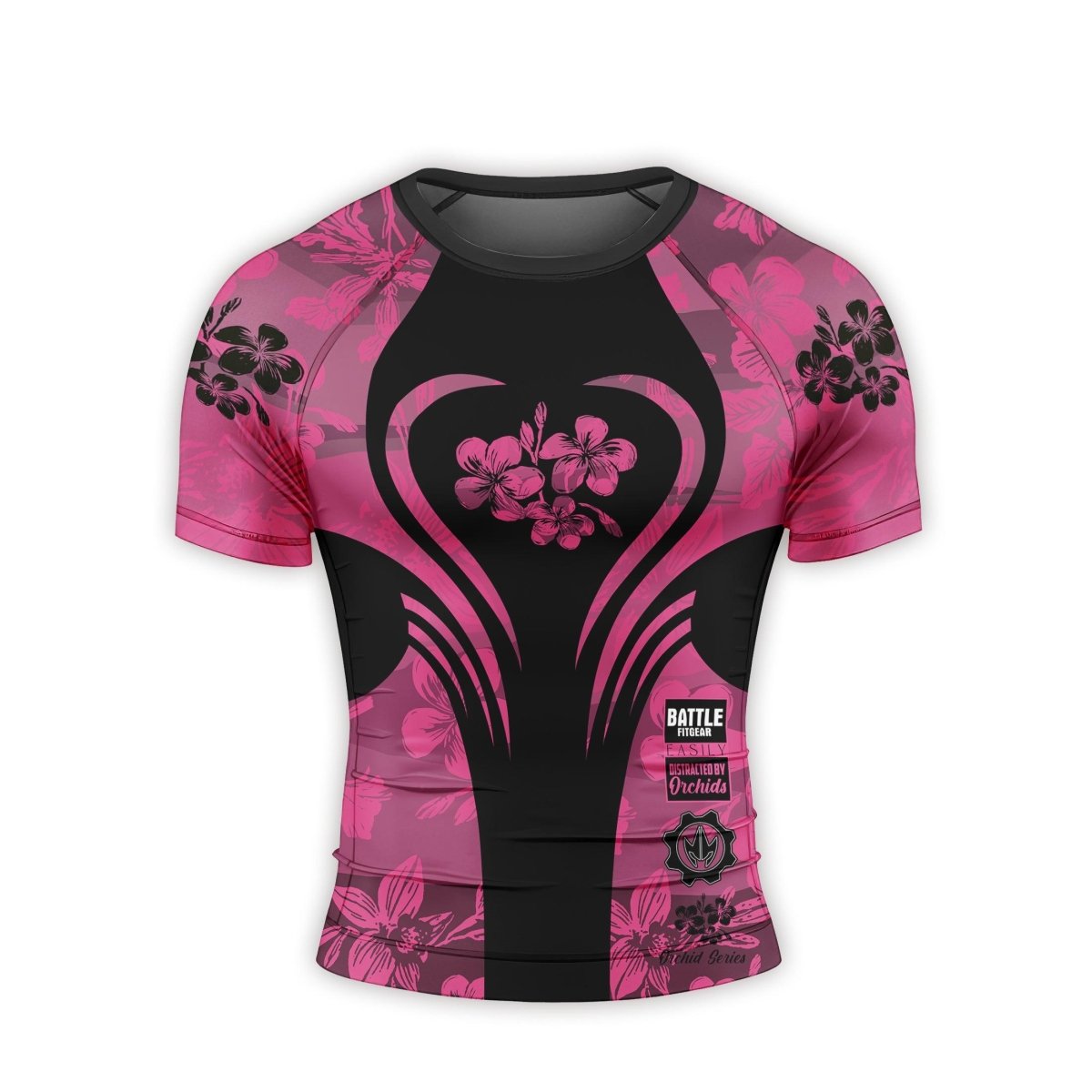 Orchid Series Floral Pink Heart Pattern Men's Short Sleeve Rash Guard - BattleFitGear