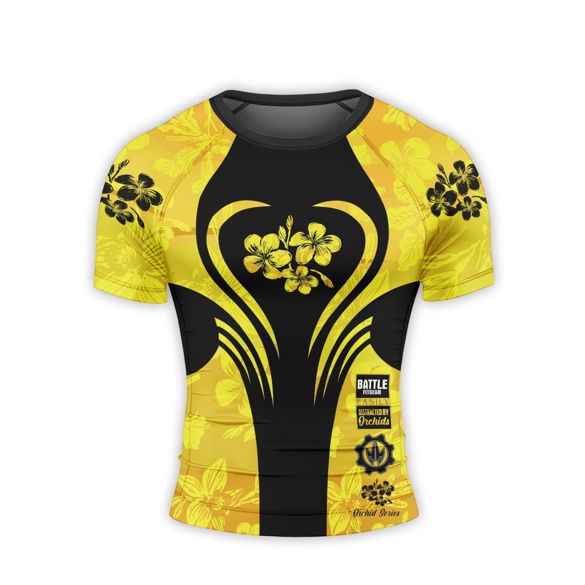 Orchid Series Floral Yellow Heart Pattern Men's Short Sleeve Rash Guard - BattleFitGear