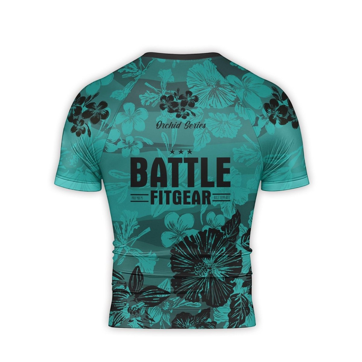 Orchid Series Floral Teal Heart Pattern Men's Short Sleeve Rash Guard - BattleFitGear