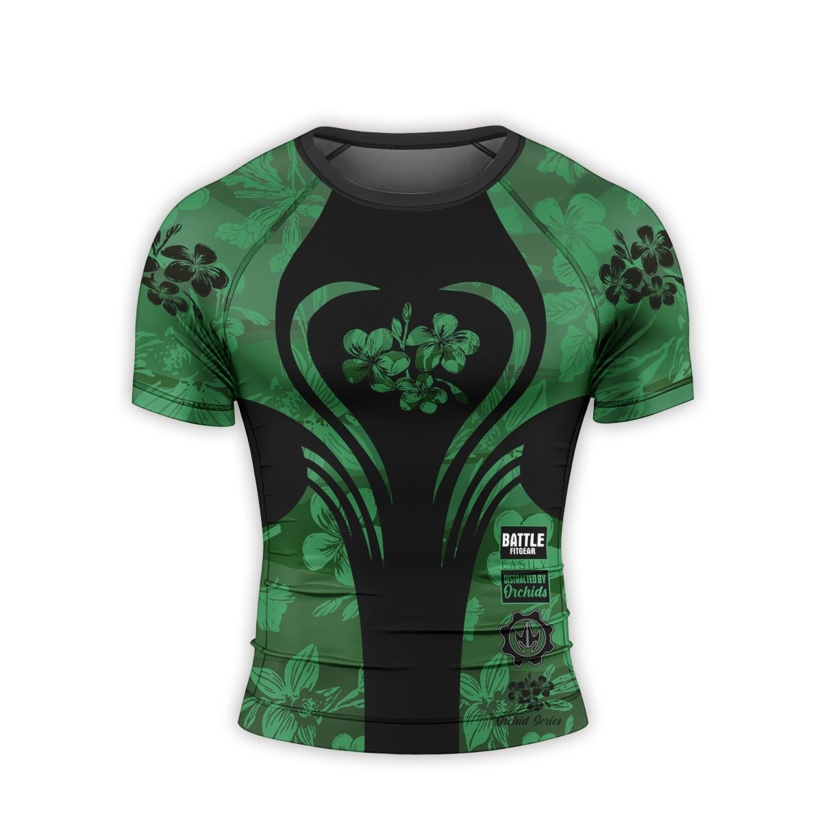 Orchid Series Floral Green Heart Pattern Men's Short Sleeve Rash Guard - BattleFitGear