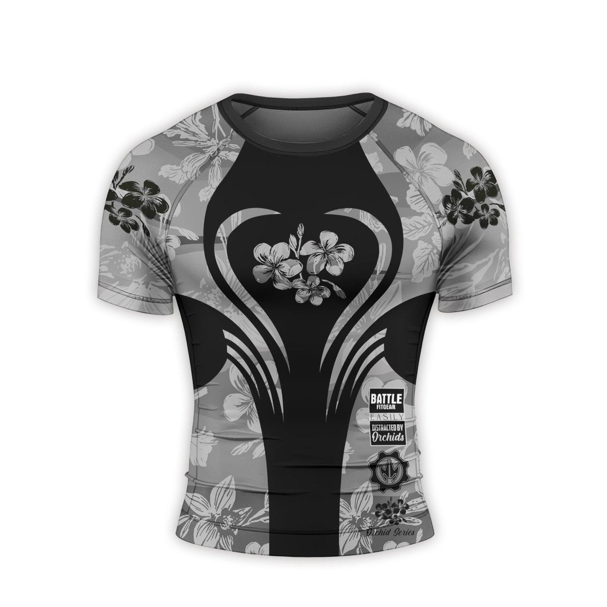 Orchid Series Floral Grey Heart Pattern Men's Short Sleeve Rash Guard - BattleFitGear