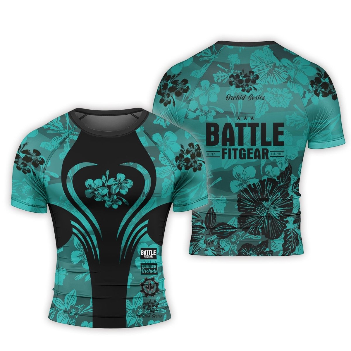 Orchid Series Floral Teal Heart Pattern Men's Short Sleeve Rash Guard - BattleFitGear