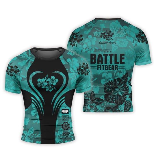 Orchid Series Floral Teal Heart Pattern Men's Short Sleeve Rash Guard - BattleFitGear