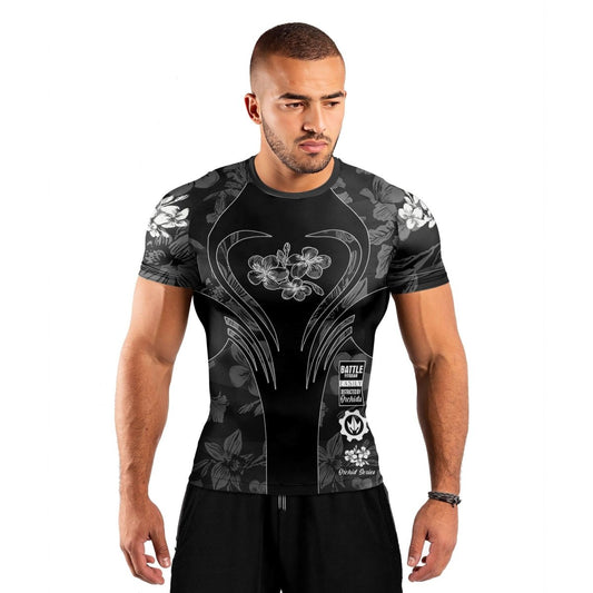 Orchid Series Floral Black Heart Pattern Men's Short Sleeve Rash Guard - BattleFitGear