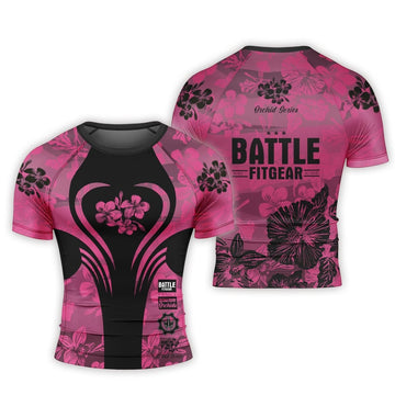 Orchid Series Floral Pink Heart Pattern Men's Short Sleeve Rash Guard - BattleFitGear