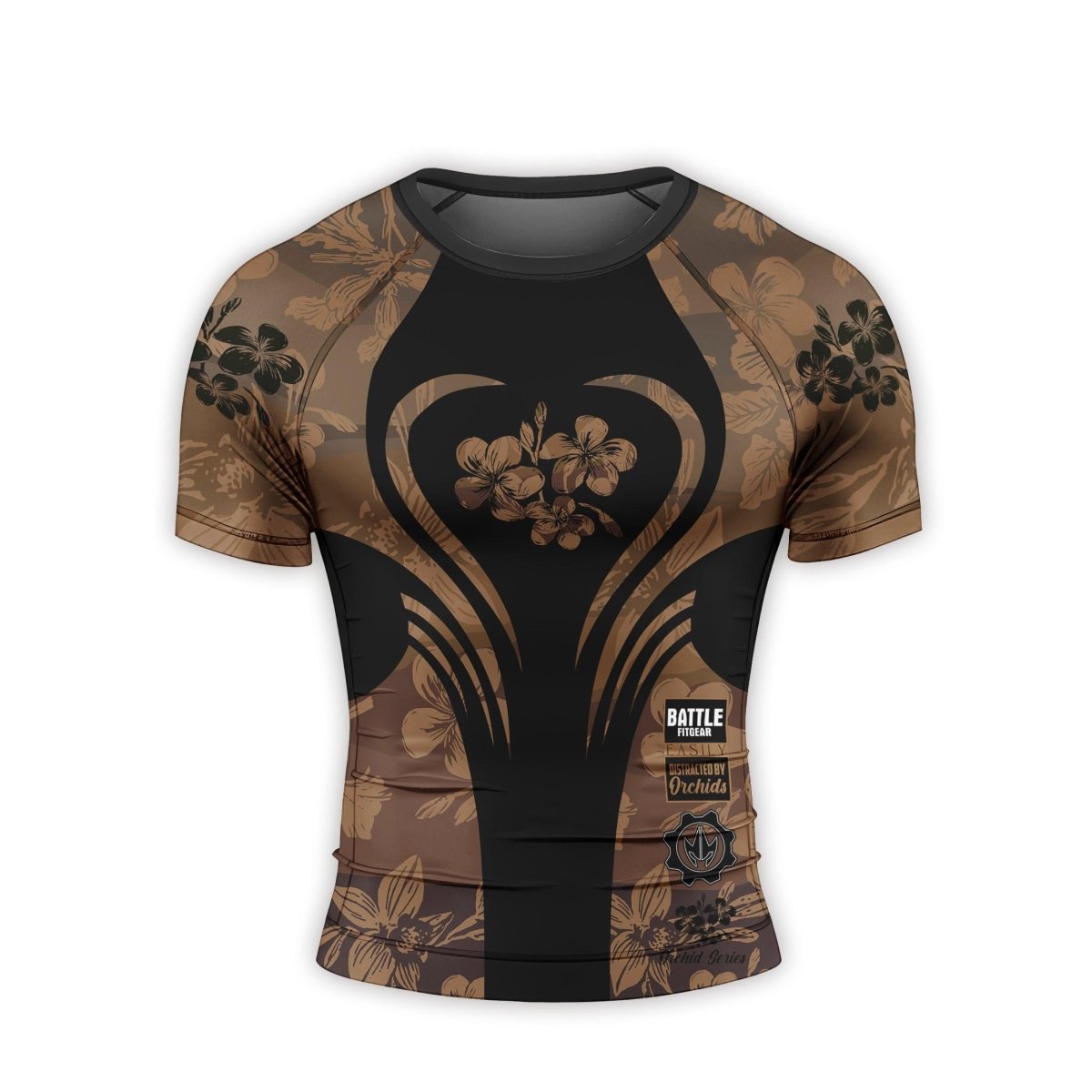 Orchid Series Floral Brown Heart Pattern Men's Short Sleeve Rash Guard - BattleFitGear