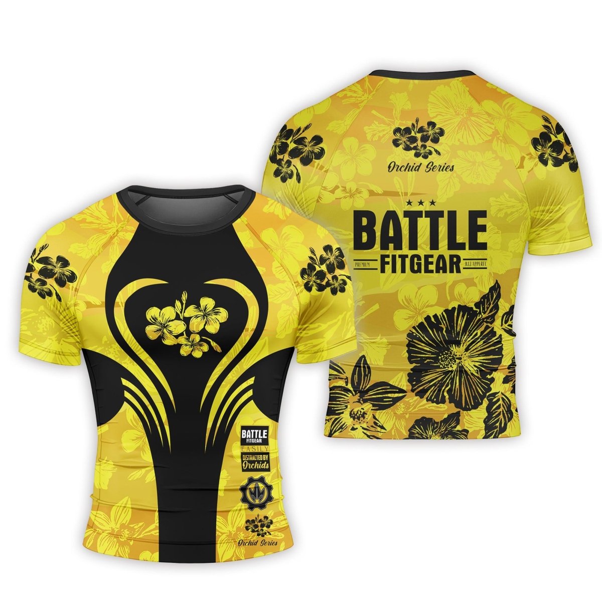 Orchid Series Floral Yellow Heart Pattern Men's Short Sleeve Rash Guard - BattleFitGear