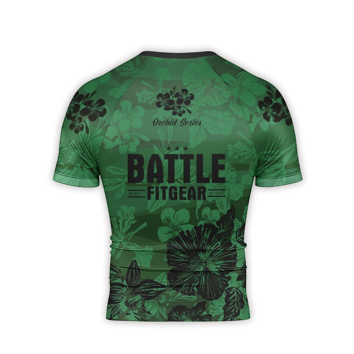 Orchid Series Floral Green Heart Pattern Men's Short Sleeve Rash Guard - BattleFitGear