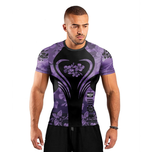 Orchid Series Floral Violet Heart Pattern Men's Short Sleeve Rash Guard - BattleFitGear