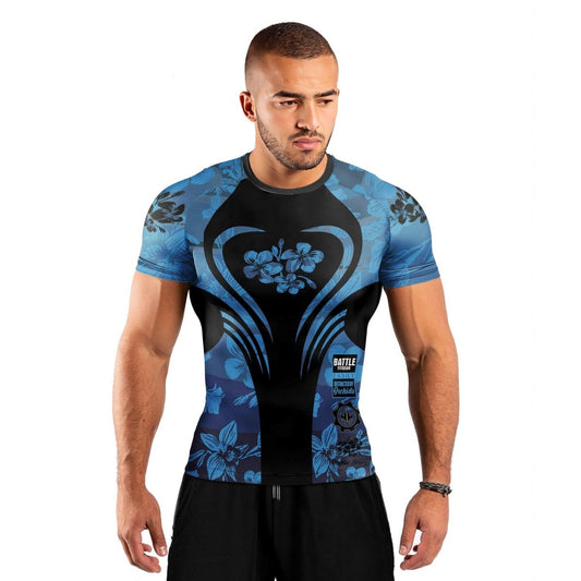 Orchid Series Floral Blue Heart Pattern Men's Short Sleeve Rash Guard - BattleFitGear