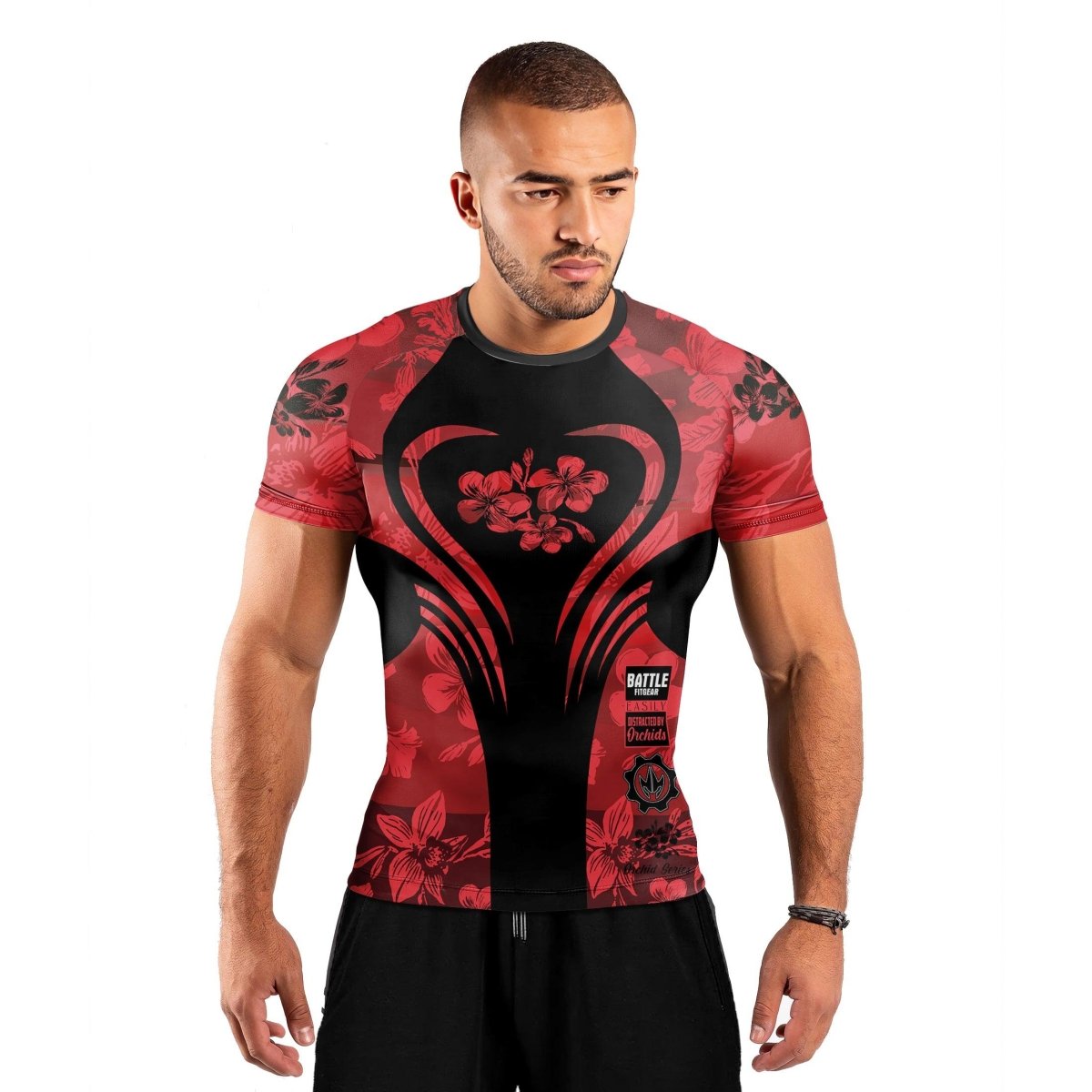 Orchid Series Floral Red Heart Pattern Men's Short Sleeve Rash Guard - BattleFitGear