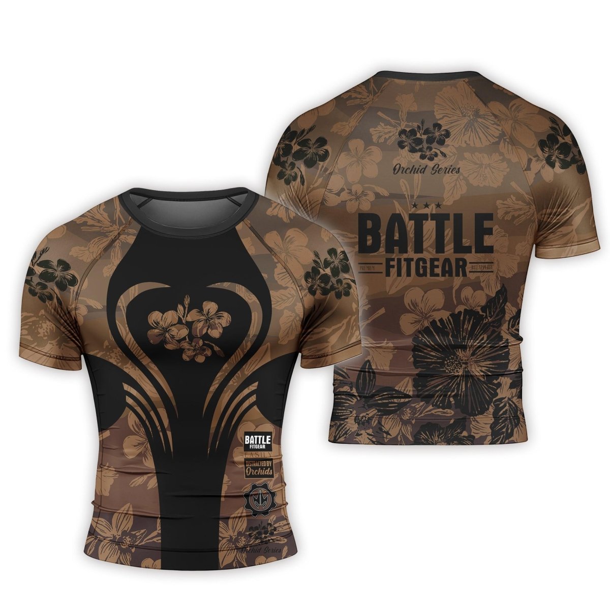 Orchid Series Floral Brown Heart Pattern Men's Short Sleeve Rash Guard - BattleFitGear