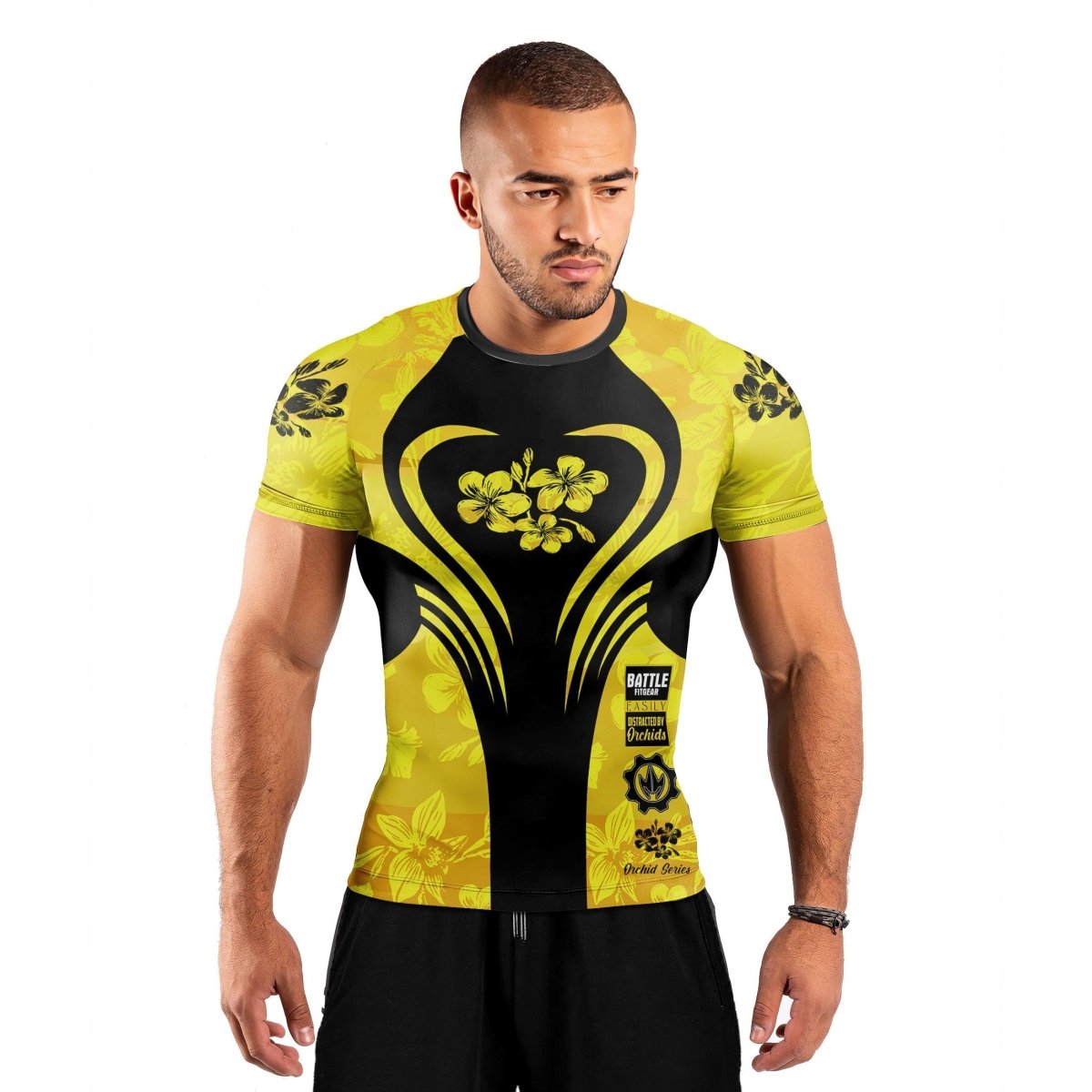 Orchid Series Floral Yellow Heart Pattern Men's Short Sleeve Rash Guard - BattleFitGear