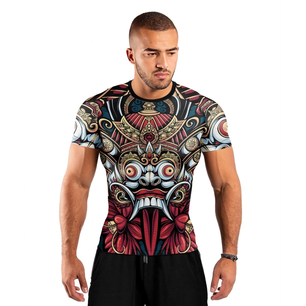 Japanese Weird Samurai Helmet Short Sleeve Rash Guard - BattleFitGear