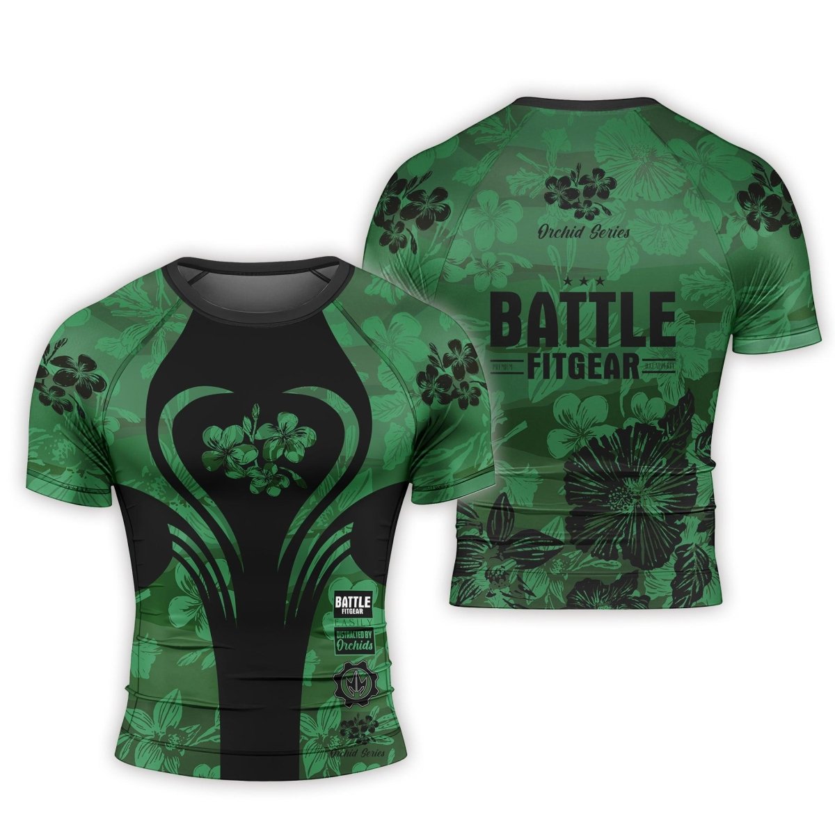 Orchid Series Floral Green Heart Pattern Men's Short Sleeve Rash Guard - BattleFitGear