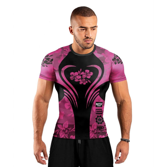 Orchid Series Floral Pink Heart Pattern Men's Short Sleeve Rash Guard - BattleFitGear