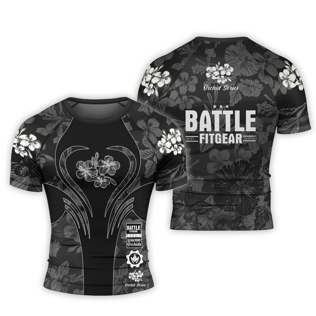 Orchid Series Floral Black Heart Pattern Men's Short Sleeve Rash Guard - BattleFitGear