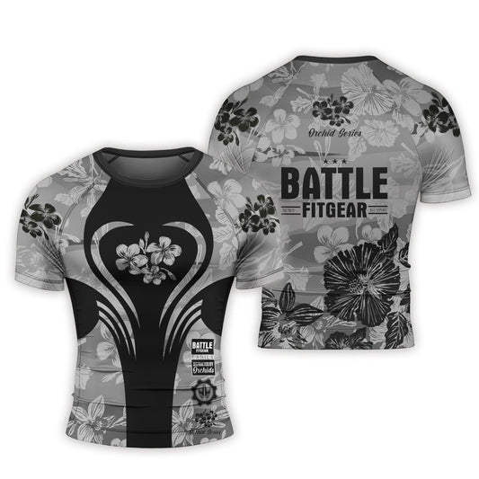 Orchid Series Floral Grey Heart Pattern Men's Short Sleeve Rash Guard - BattleFitGear