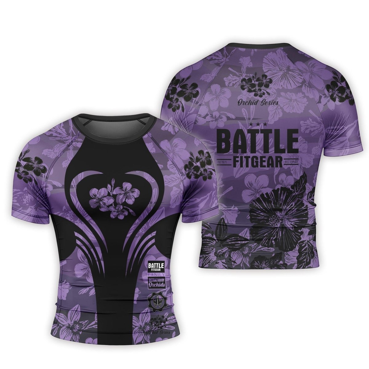 Orchid Series Floral Violet Heart Pattern Men's Short Sleeve Rash Guard - BattleFitGear