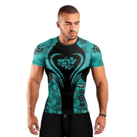 Orchid Series Floral Teal Heart Pattern Men's Short Sleeve Rash Guard - BattleFitGear