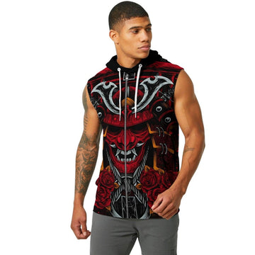 Japanese Red Demon Samurai Sleeveless Pullover & Zip Hoodie - BattleFitGear