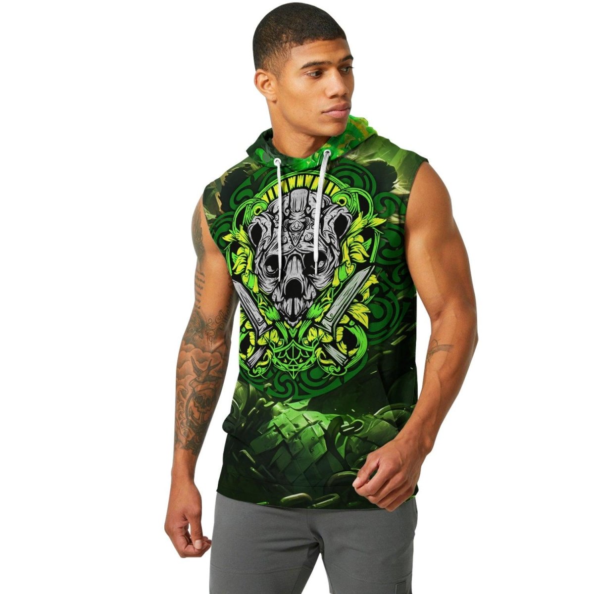 Green Panda Skull Sleeveless Pullover & Zip Hoodie - BattleFitGear