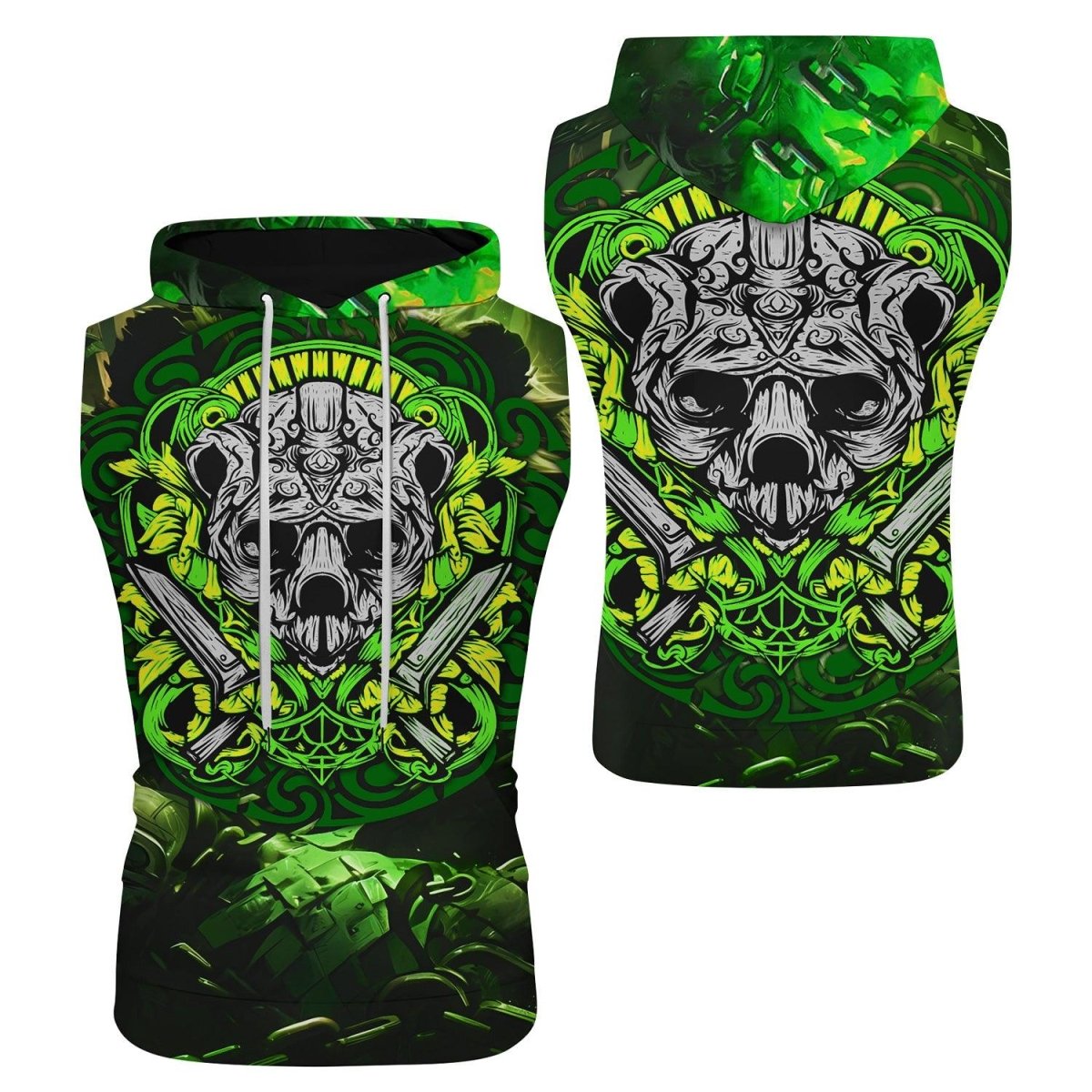 Green Panda Skull Sleeveless Pullover & Zip Hoodie - BattleFitGear