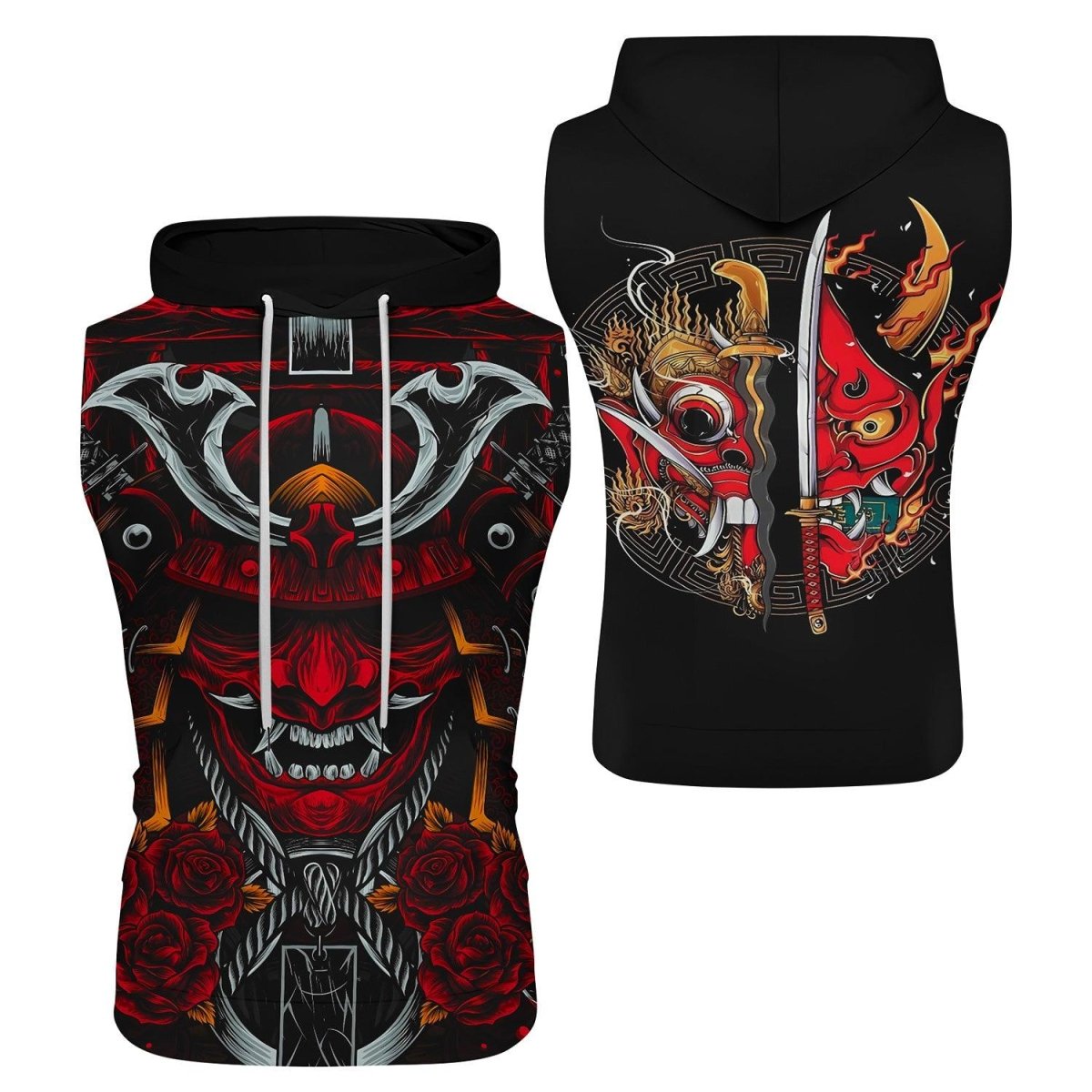 Japanese Red Demon Samurai Sleeveless Pullover & Zip Hoodie - BattleFitGear