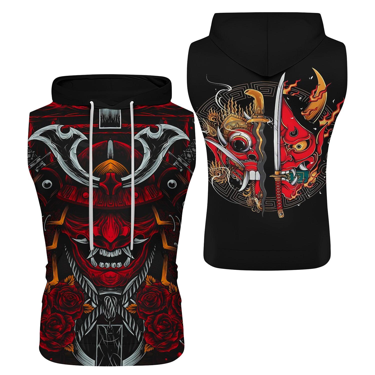 Japanese Red Demon Samurai Sleeveless Pullover & Zip Hoodie