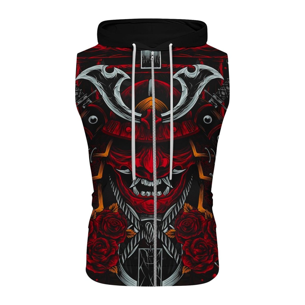 Japanese Red Demon Samurai Sleeveless Pullover & Zip Hoodie - BattleFitGear