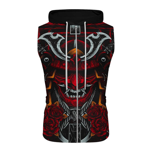 Japanese Red Demon Samurai Sleeveless Pullover & Zip Hoodie - BattleFitGear