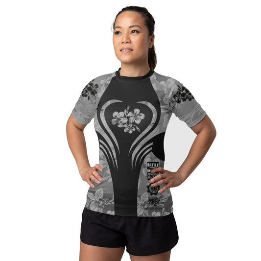 Orchid Series Floral Grey Heart Pattern Women's Short Sleeve Rash Guard - BattleFitGear