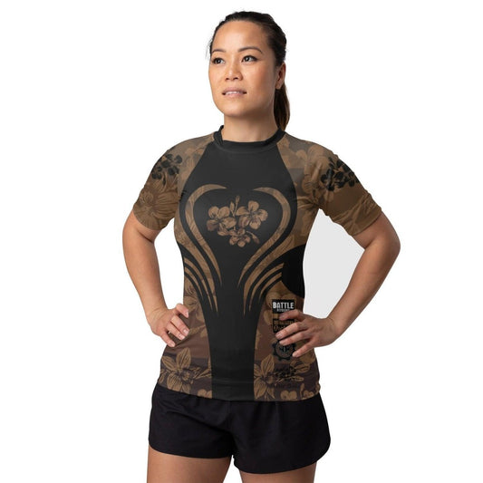 Orchid Series Floral Brown Heart Pattern Women's Short Sleeve Rash Guard - BattleFitGear