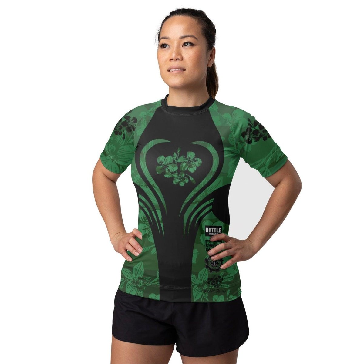 Orchid Series Floral Green Heart Pattern Women's Short Sleeve Rash Guard - BattleFitGear