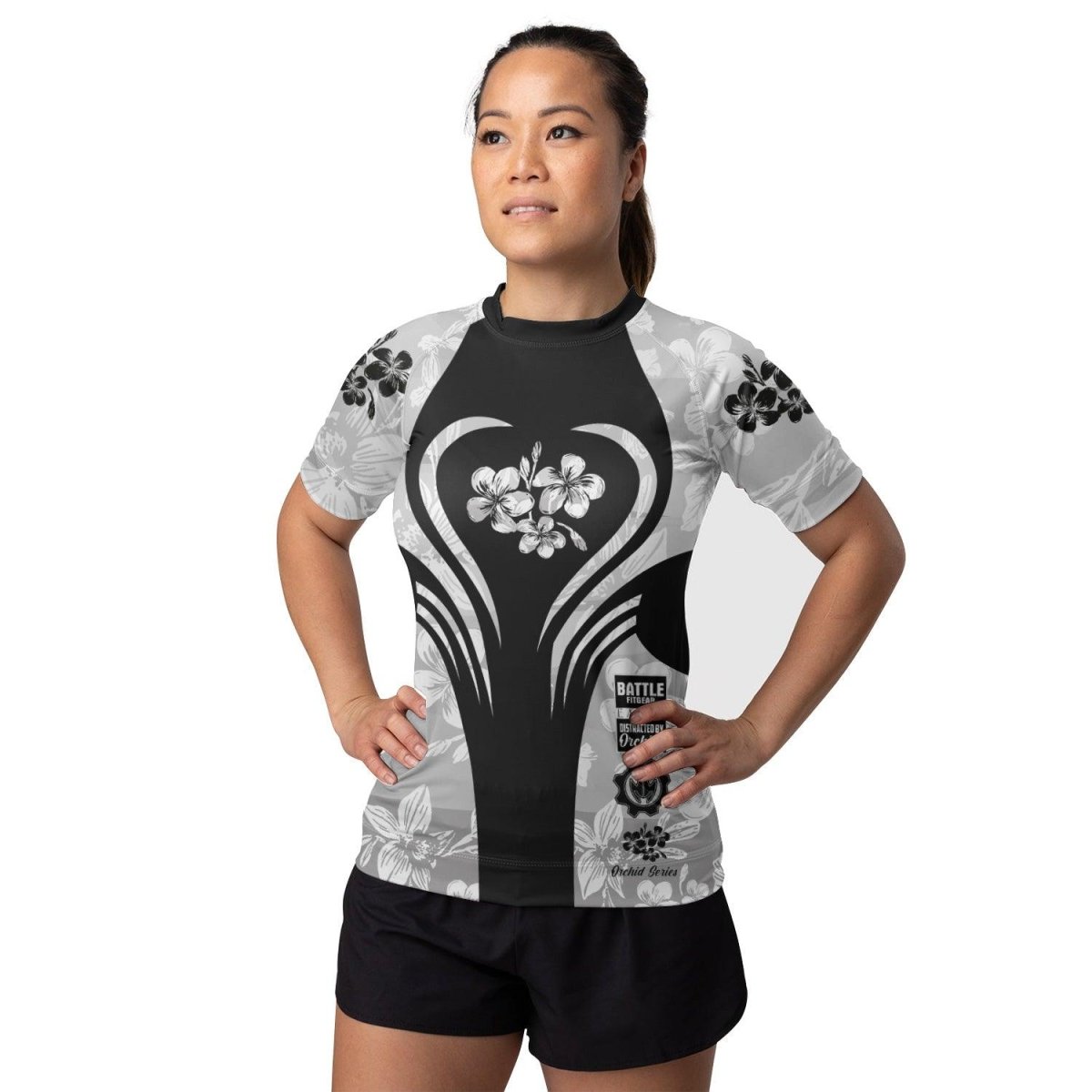 Orchid Series Viking White Heart Pattern Women's Short Sleeve Rash Guard - BattleFitGear