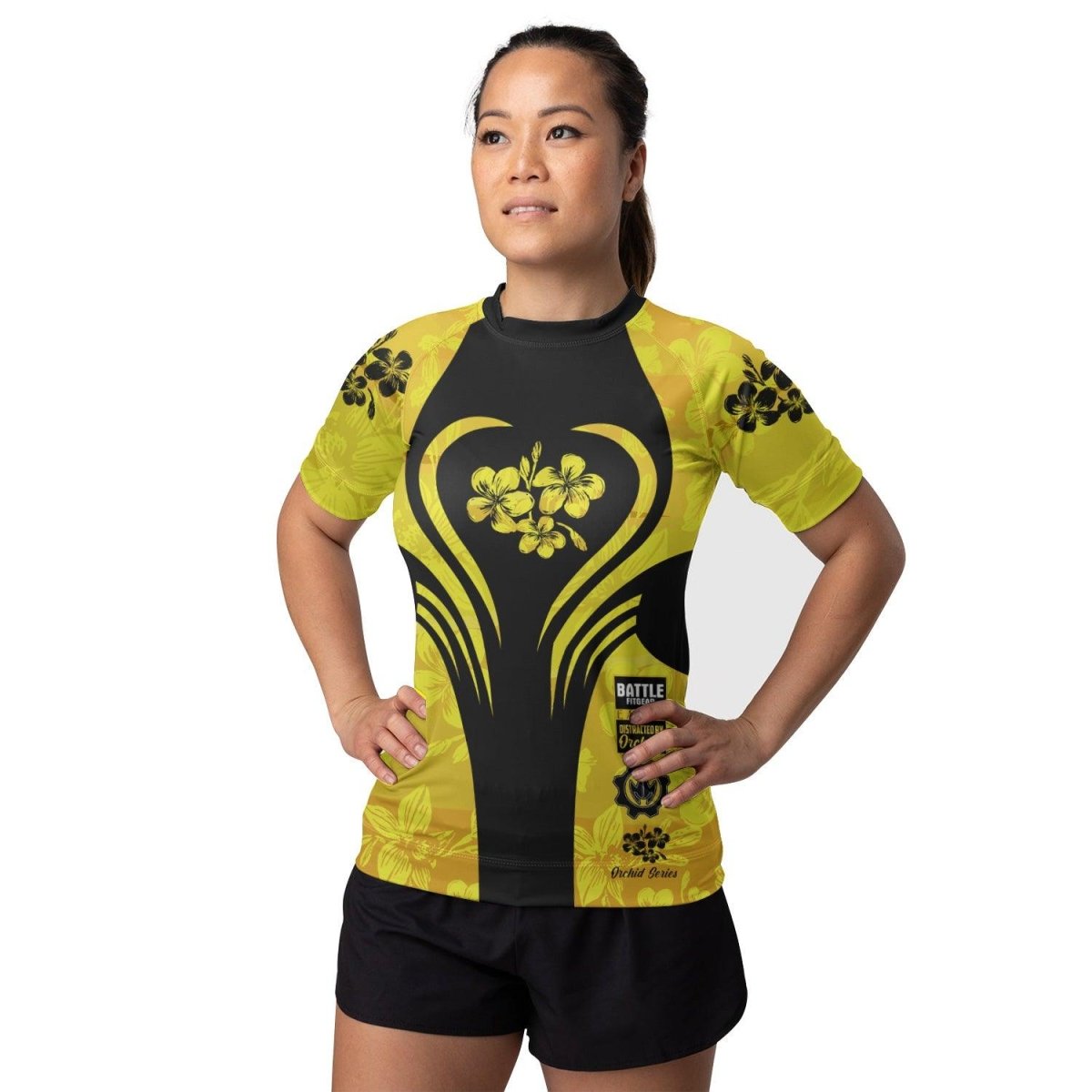 Orchid Series Floral Yellow Heart Pattern Women's Short Sleeve Rash Guard - BattleFitGear