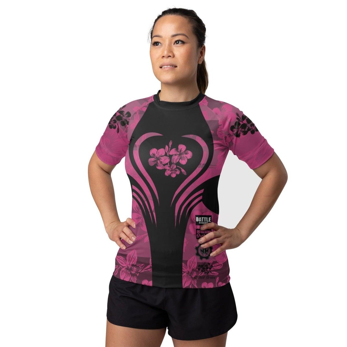 Orchid Series Floral Pink Heart Pattern Women's Short Sleeve Rash Guard - BattleFitGear