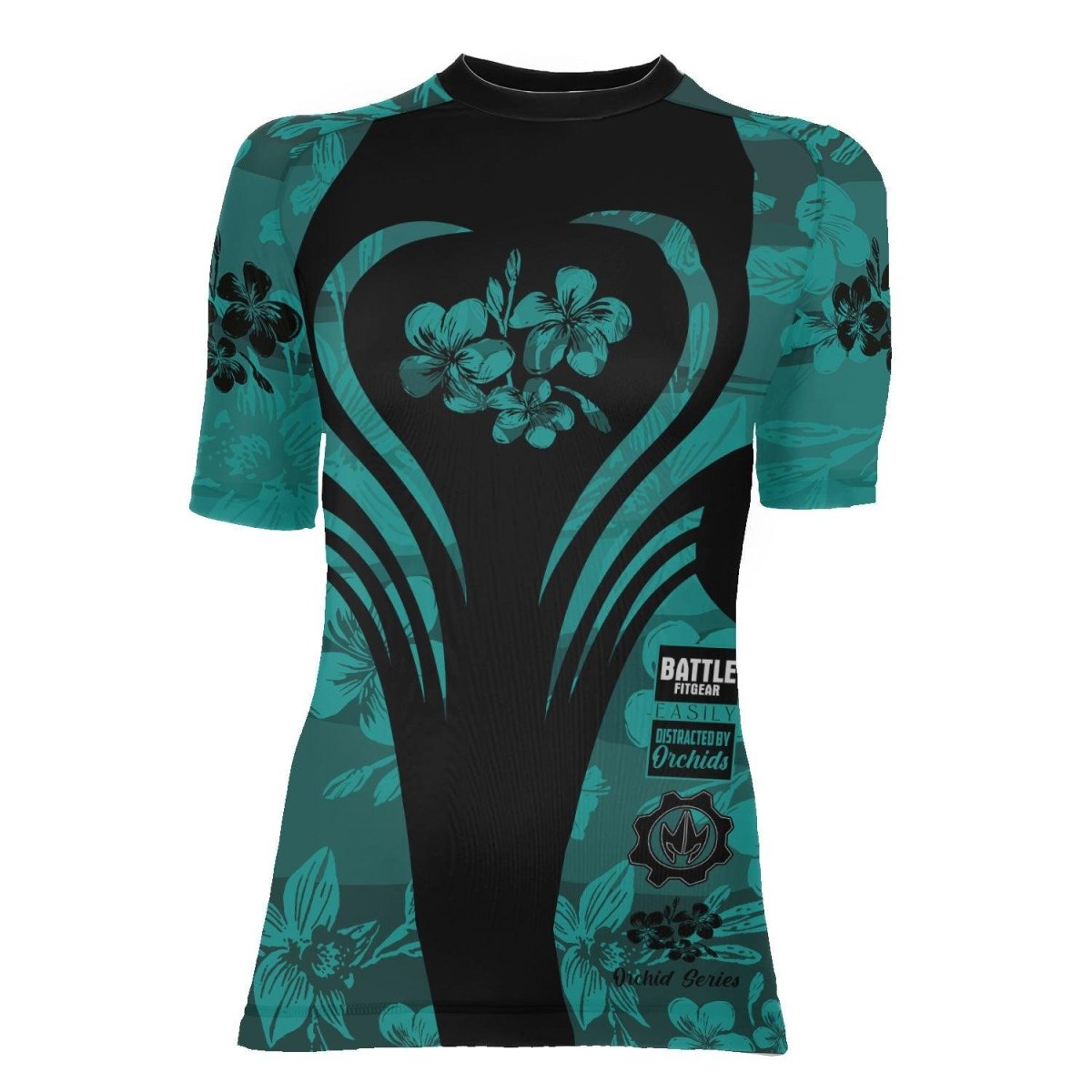 Orchid Series Viking Teal Heart Pattern Women's Short Sleeve Rash Guard - BattleFitGear