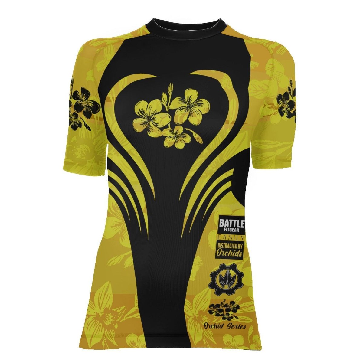 Orchid Series Floral Yellow Heart Pattern Women's Short Sleeve Rash Guard - BattleFitGear