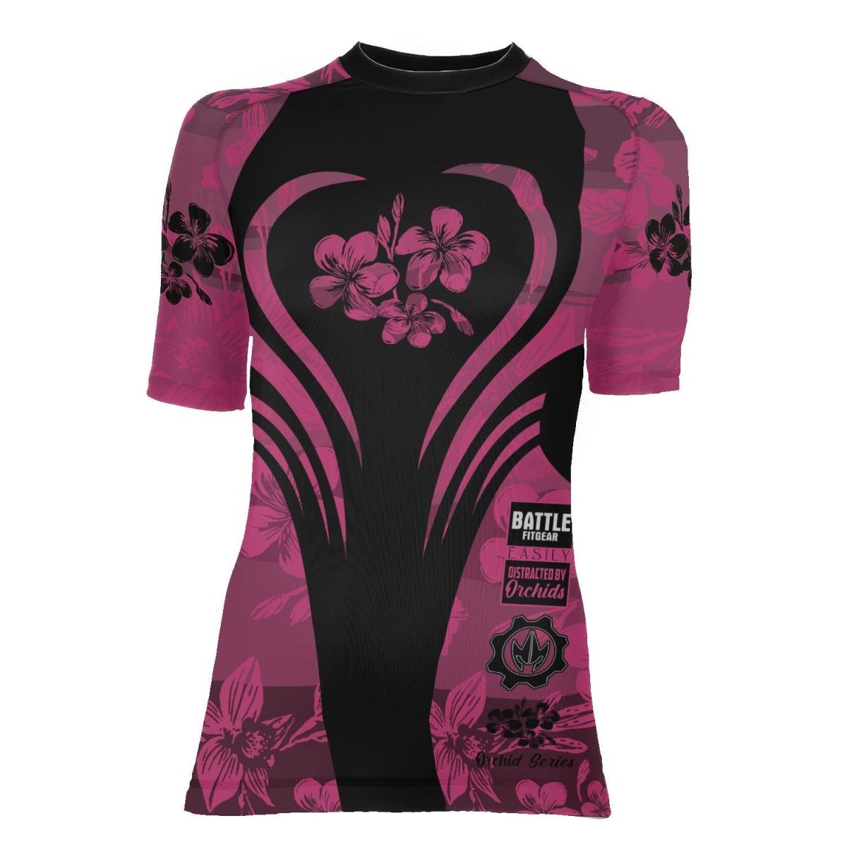 Orchid Series Floral Pink Heart Pattern Women's Short Sleeve Rash Guard - BattleFitGear